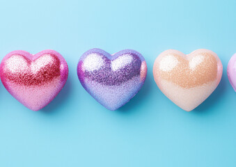Fototapeta premium Glittery hearts in pink, lavender, and peach on blue background, creating cheerful vibe