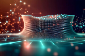 Abstract data visualization; network connections; glowing nodes; dark background; for tech concepts