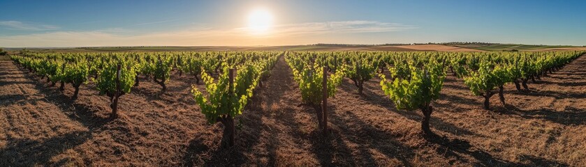 Naklejka premium Vineyard sunset landscape, rows of vines, rural scene, idyllic background, wine production