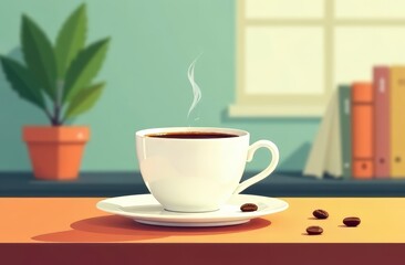 A white mug with aromatic coffee and a saucer on which coffee beans lie stands on the table opposite the shelf with a plant, books and a table lamp on a light background. The concept of coffee break, 