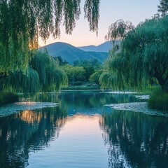 Nature's serenity weeping willows reflecting in a tranquil rural pond at sunset
