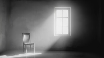 Empty room with single chair positioned near window. Sunlight streams into room casting dramatic shadows. Nostalgic, timeless atmosphere evokes memories of past eras. Simple scene suggests solitude