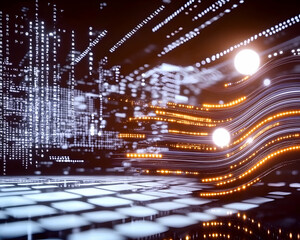 Abstract digital data flow, futuristic city background, glowing lines and particles, technology concept, ideal for tech websites