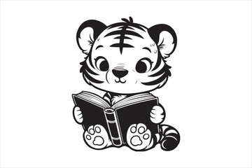 Cute Baby tiger Reading Book Cartoon outline 