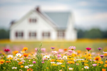 Obraz premium Vibrant wildflower meadow quaint farmhouse nature photography serene landscape close-up view outdoor beauty