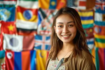 Portrait of Smiling Woman Amid Vibrant International Flags in a Global Setting