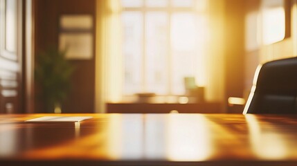 Golden Hour Office Desk: A close-up perspective of a sleek, wooden desk bathed in the warm glow of the setting sun. The empty chair and desk create a sense of anticipation.