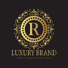 Letter Luxury brand logo design with a royal gold crown emblem and elegant typography
