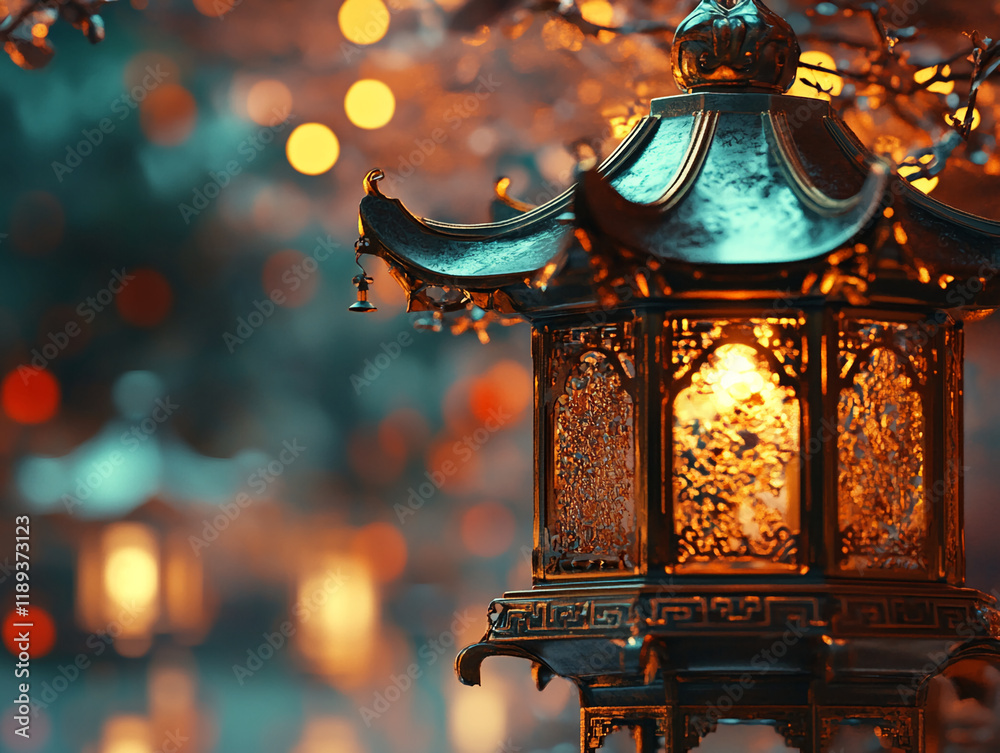 Aufkleber decorative lantern with glowing light and blurred festive bokeh background