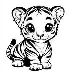 Cute cartoon tiger cub, sitting, white background, children's book illustration
