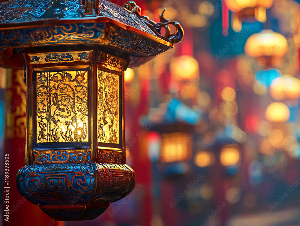 Poster ornate lantern with glowing light in a vibrant festive setting