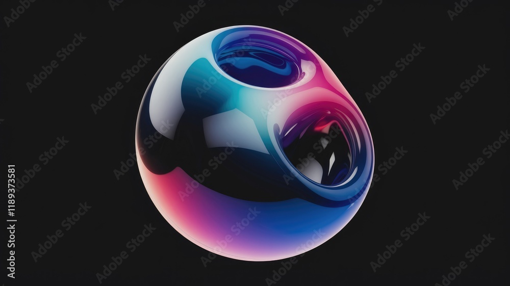 Poster abstract 3d render of a glossy, iridescent sphere with inner cavities, displaying vibrant blue and p