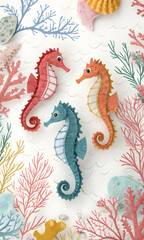 Illustration of a herd of seahorses in the ocean, decorated with a nest and sea anemone.
