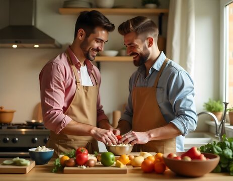 couple or friends cooking and preparing a meal together in a kitchen  for  wedding day or birthday or Valentine's