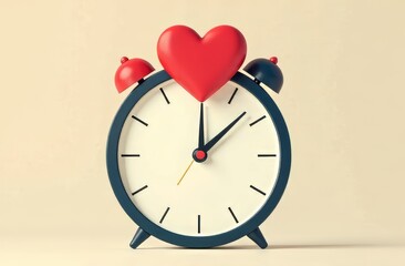 A clock in the form of an alarm clock, the upper division is a large volumetric heart to which the clock hands go on a light background. The concept of time, love, time to love.