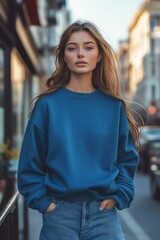 Fototapeta premium A young woman with long hair wearing a blue color sweatshirt mockup and denim jeans, standing on a city street. The background features blurred buildings and a warm sunset glow.