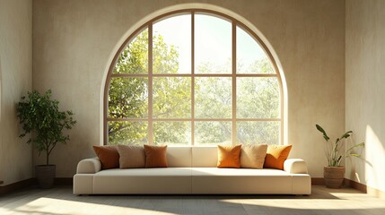 Serene Minimalist Living Room with Arch Window and Sunlit View