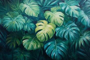 Fototapeta premium Lush green leaves of monstera plant against a dark background in a tropical setting