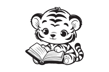 Cute Baby tiger Reading Book Cartoon outline 