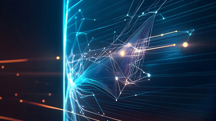 Abstract digital network data flow, glowing lines and nodes, futuristic technology concept for website banner