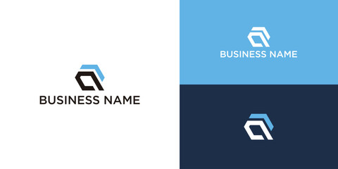 Abstract logo design template with blue and black color variations on white and blue backgrounds.