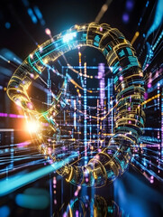 Abstract digital sphere swirling with data streams, futuristic technology background, ideal for tech concepts