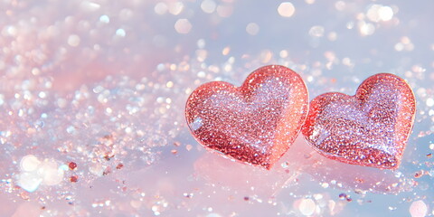 Obraz premium Two pink hearts on glittering ground, light background, romantic wallpaper.