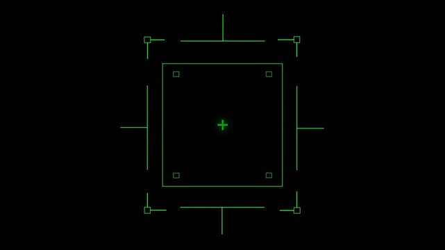 Loop in of formation of square radar display with target in sight in center on a dark background Target searching scope and scanning element theme. Animated radar infographics. 4K.