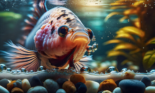 Unter Wasser, close up Aquarium, ein Buntbarsch kommt ganz dicht an die Glasscheibe und dr&uuml;ckt die Nase dagegen