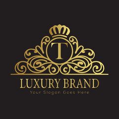 Letter Luxury brand logo design with a royal gold crown emblem and elegant typography
