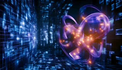 Obraz premium Abstract energy swirling in digital space, glowing particles, futuristic background; for tech, science, or innovation concepts