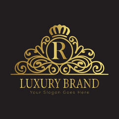 Letter Luxury brand logo design with a royal gold crown emblem and elegant typography
