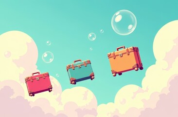 Many travel bags of different colors are flying against the background of pink clouds, blue sky and balloons. The concept of vacation, plane flight, travel.