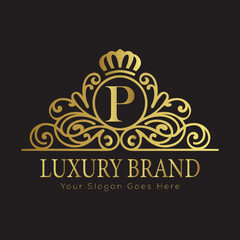 Letter Luxury brand logo design with a royal gold crown emblem and elegant typography
