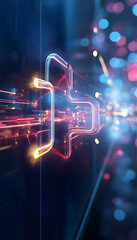 Abstract glowing cross data transfer, digital network background, technology concept, website banner