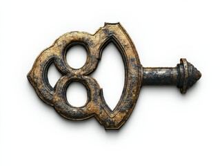 A vintage key with a worn, golden patina, on a white background