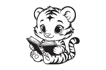 Cute Baby tiger Reading Book Cartoon outline 