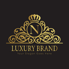 Letter Luxury brand logo design with a royal gold crown emblem and elegant typography
