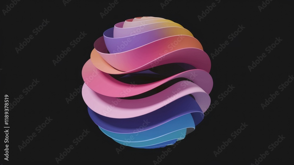 Poster abstract 3d rendering of a sphere composed of layered, wavy, pastel-colored ribbons.
