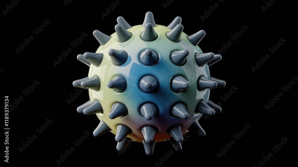 Poster a 3d render of a colorful spiky sphere, resembling a virus or abstract art.
