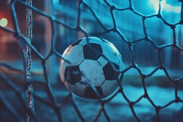 soccer ball in a net at night