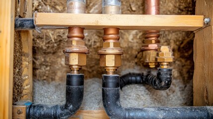 Plumbing installation with various pipe connections and fittings in a construction setting.
