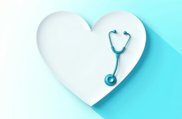 A blue statoscope lies on a white heart on the side on a blue background. The concept of medicine, health, prevention.