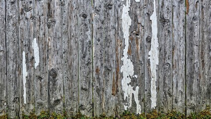 Obraz premium Weathered wooden fence with peeling paint splintered texture and patches of moss