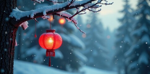 A lone red lantern hangs from a bare pine tree amidst falling snowflakes, lantern, snowy