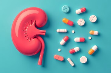 A human voluminous kidney lies on the left on a blue background, pills and capsules lie on the right. The concept of treatment, kidney disease, disease prevention.