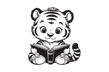 Cute Baby tiger Reading Book Cartoon outline 