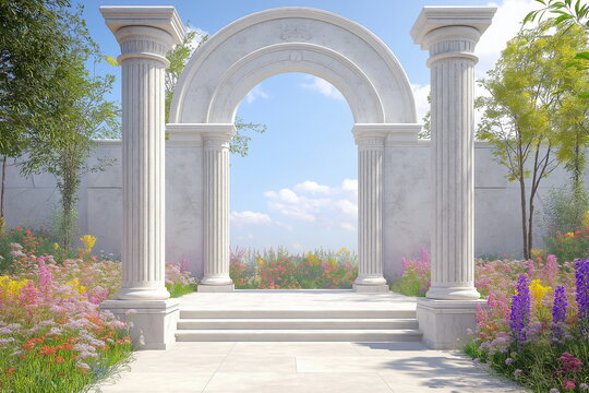 Serene garden archway tranquil outdoor setting nature photography vibrant floral landscape bright daytime symbol of renewal