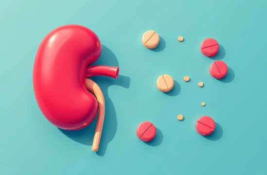 A human voluminous kidney lies on the left on a blue background, pills and capsules lie on the right. The concept of treatment, kidney disease, disease prevention.