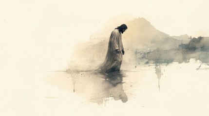 Jesus walking on water, depicted in soft beige watercolor tones.
